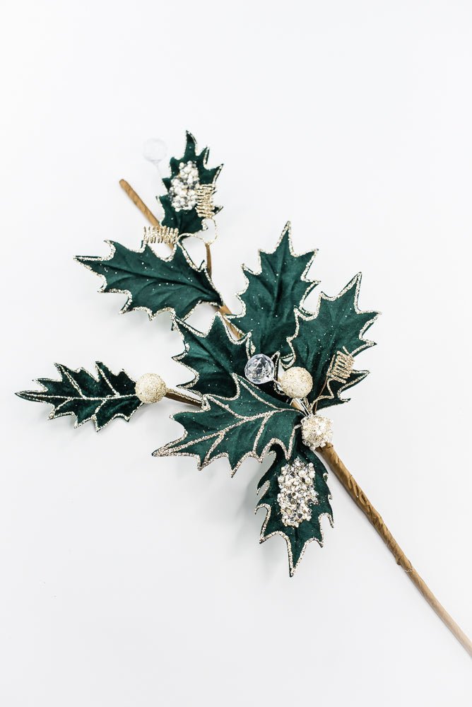 Artificial Green Velvet Holly Berry With Glitter Spray - 25" - Greenery MarketArtificial Flora85855-GN