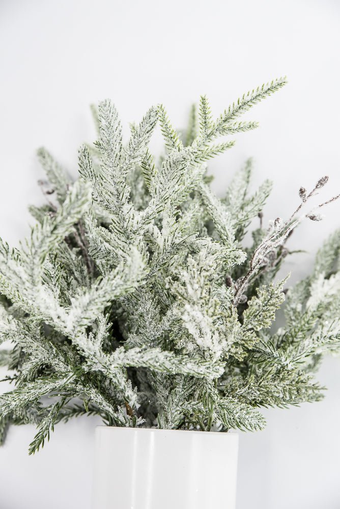 Artificial Green & White Snowy Pine Container - 15" - Greenery MarketArtificial FloraXP2821-GW