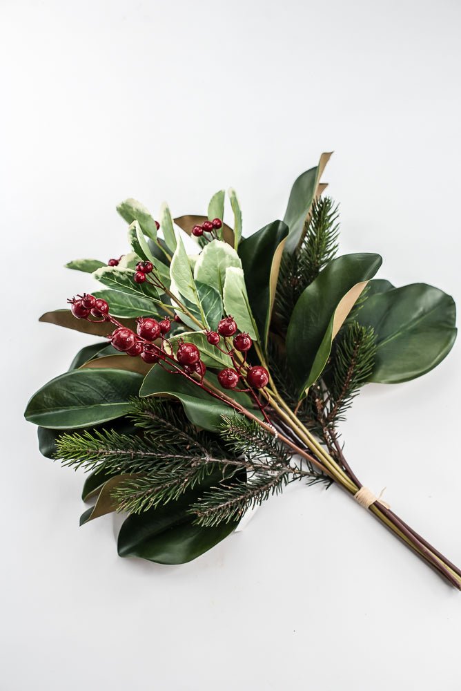 Artificial Magnolia Leaf, Pine & Holly Berry Bundle - 18" - Greenery MarketPM3575
