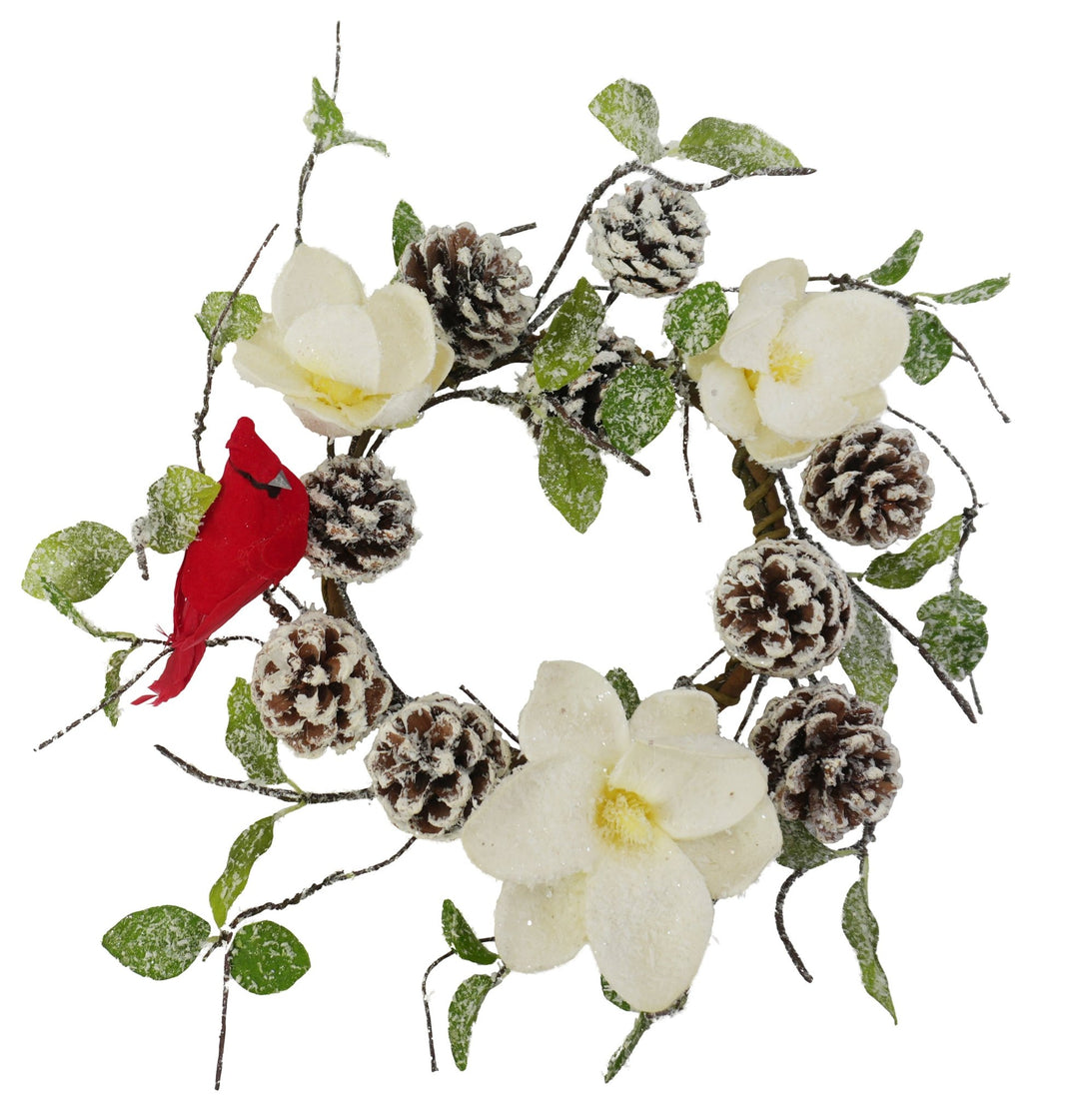 Artificial Magnolia, Pinecone With Cardinal Table Mini Wreath - 16" - Greenery MarketArtificial FloraXP2744