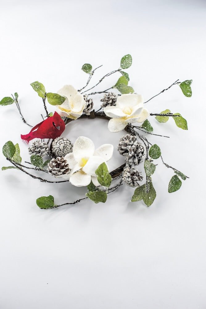 Artificial Magnolia, Pinecone With Cardinals Table Mini Wreath - 16" - Greenery MarketArtificial FloraXP2744