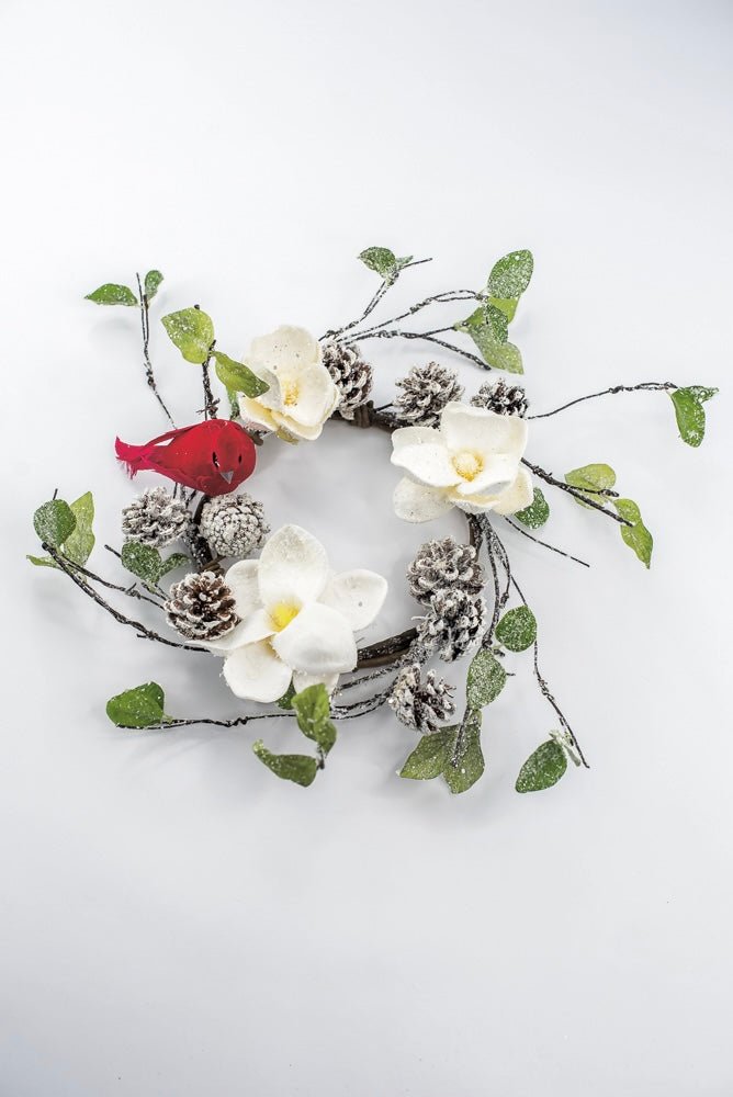 Artificial Magnolia, Pinecone With Cardinals Table Mini Wreath - 16" - Greenery MarketArtificial FloraXP2744