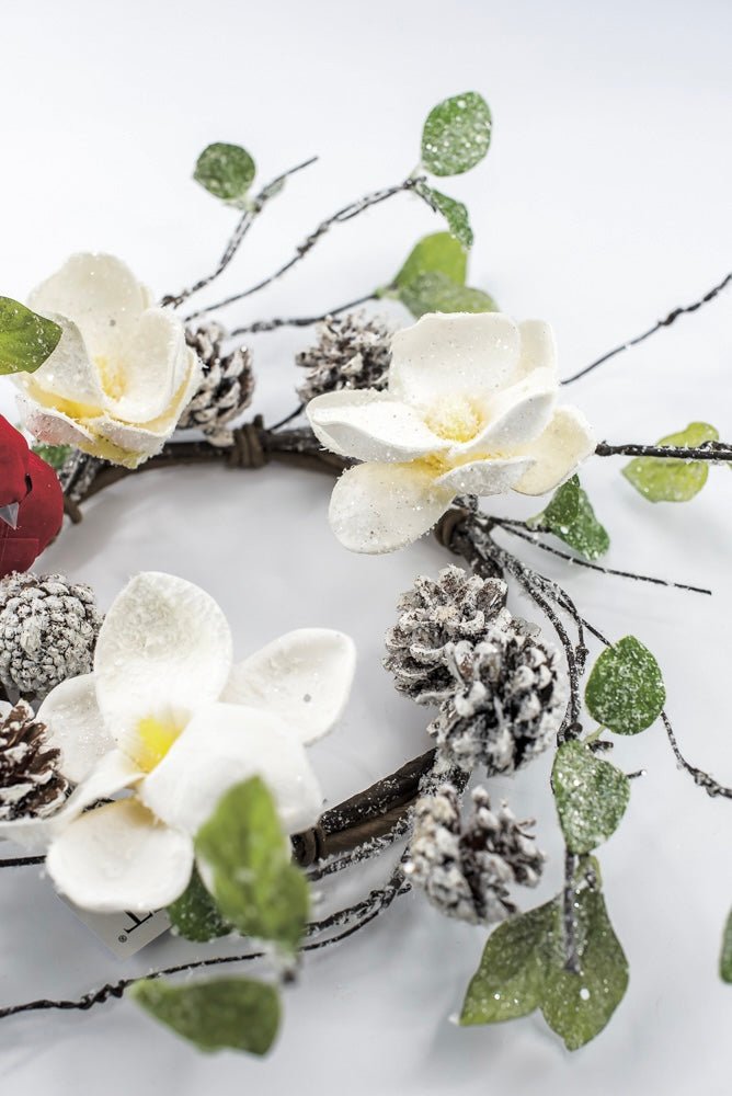 Artificial Magnolia, Pinecone With Cardinals Table Mini Wreath - 16" - Greenery MarketArtificial FloraXP2744