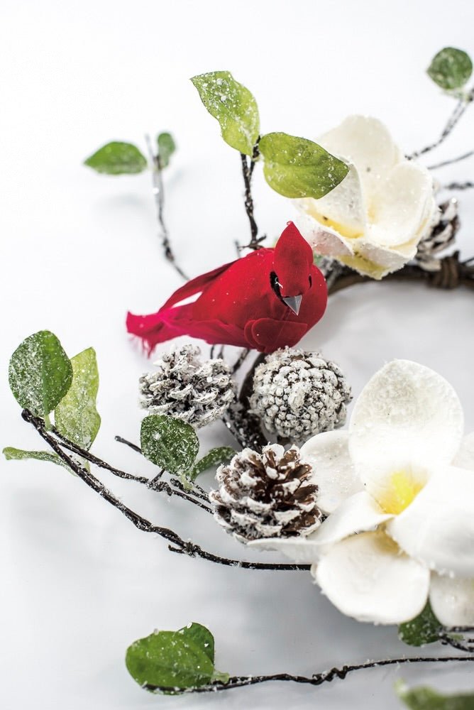 Artificial Magnolia, Pinecone With Cardinals Table Mini Wreath - 16" - Greenery MarketArtificial FloraXP2744