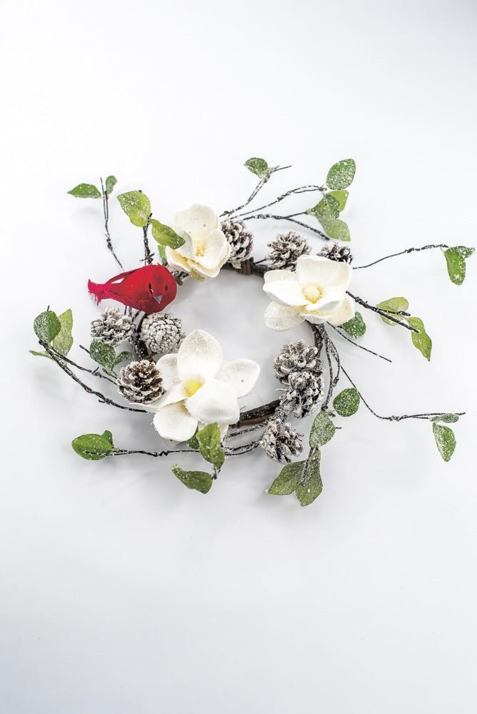 Artificial Magnolia, Pinecone With Cardinals Table Mini Wreath - 16" - Greenery MarketArtificial FloraXP2744