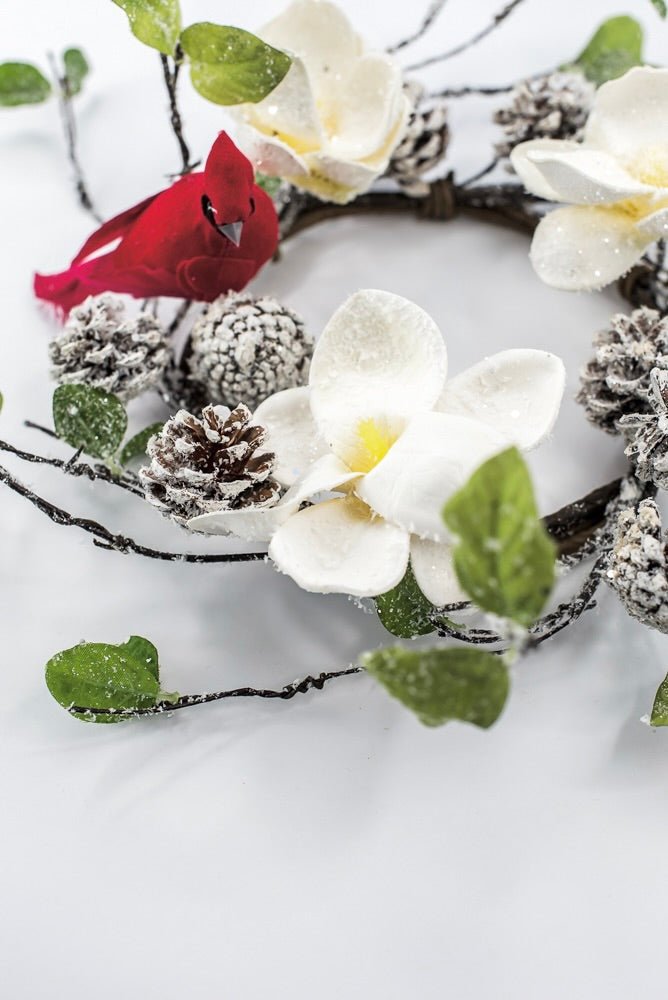 Artificial Magnolia, Pinecone With Cardinals Table Mini Wreath - 16" - Greenery MarketArtificial FloraXP2744