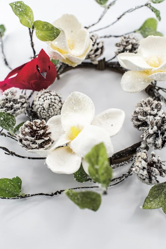 Artificial Magnolia, Pinecone With Cardinals Table Mini Wreath - 16" - Greenery MarketArtificial FloraXP2744