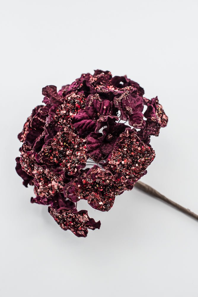 Artificial Merlot Glitter Hydrangea Stem - 20" - Greenery MarketArtificial Flowers225750