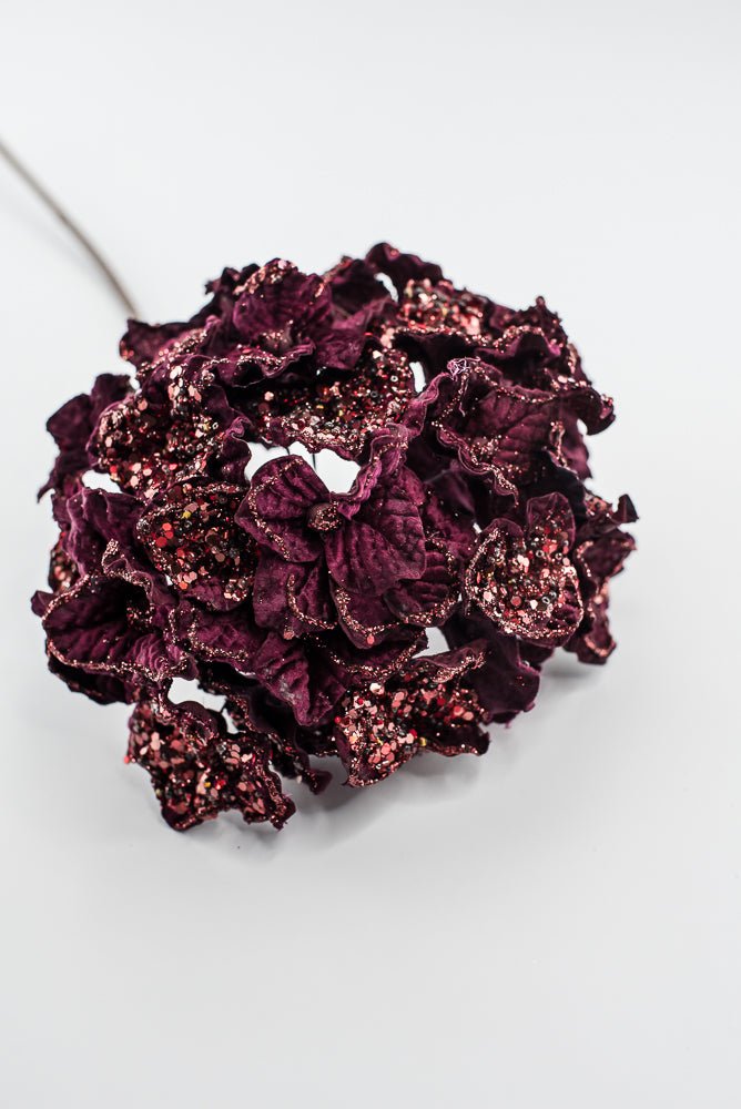 Artificial Merlot Glitter Hydrangea Stem - 20" - Greenery MarketArtificial Flowers225750