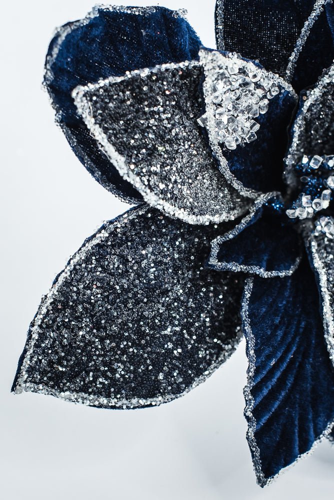 Artificial Midnight Blue Frosted Poinsettia Stem - 20" - Greenery MarketArtificial Flowers277644