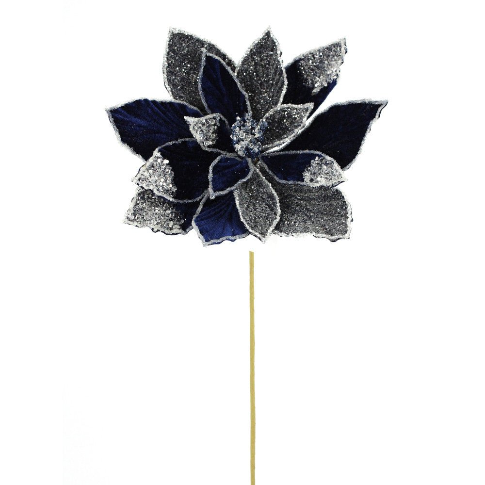 Artificial Midnight Blue Frosted Poinsettia Stem - 20" - Greenery MarketArtificial Flowers277644