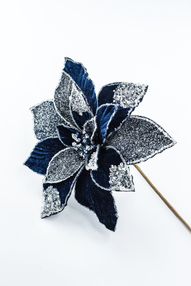 Artificial Midnight Blue Frosted Poinsettia Stem - 20" - Greenery MarketArtificial Flowers277644