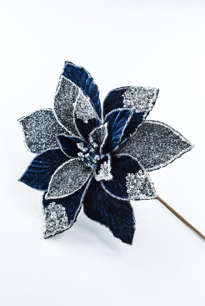 Artificial Midnight Blue Frosted Poinsettia Stem - 20" - Greenery MarketArtificial Flowers277644