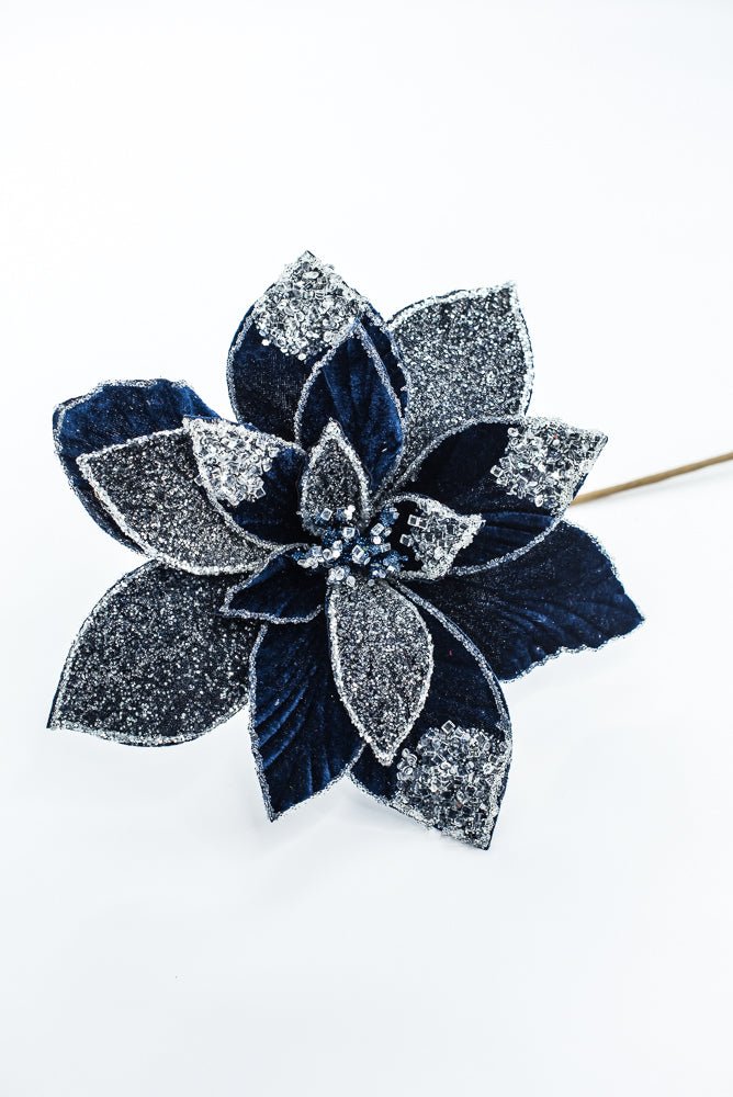 Artificial Midnight Blue Frosted Poinsettia Stem - 20" - Greenery MarketArtificial Flowers277644