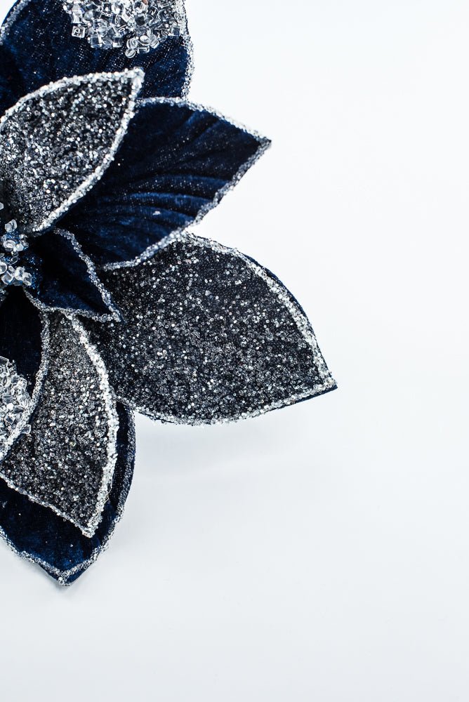 Artificial Midnight Blue Frosted Poinsettia Stem - 20" - Greenery MarketArtificial Flowers277644
