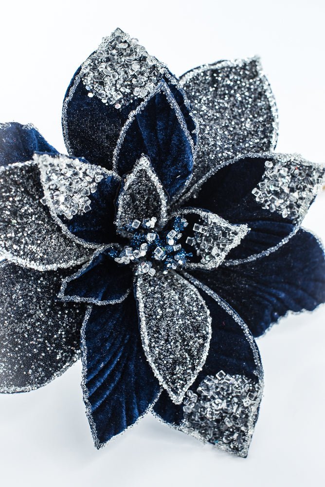 Artificial Midnight Blue Frosted Poinsettia Stem - 20" - Greenery MarketArtificial Flowers277644