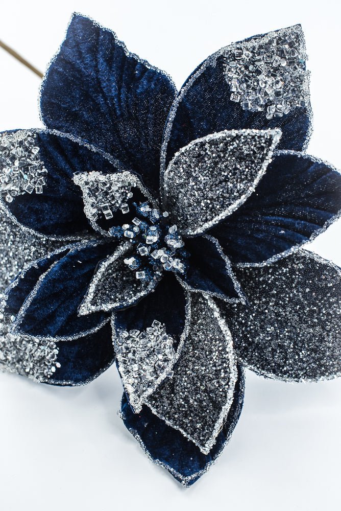 Artificial Midnight Blue Frosted Poinsettia Stem - 20" - Greenery MarketArtificial Flowers277644
