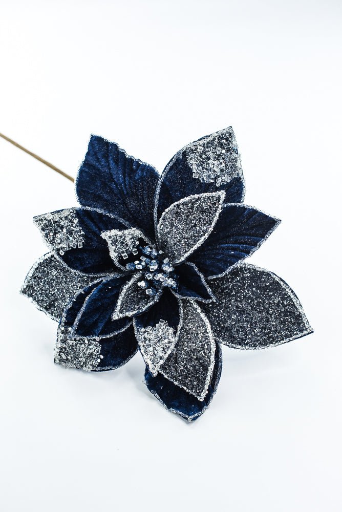 Artificial Midnight Blue Frosted Poinsettia Stem - 20" - Greenery MarketArtificial Flowers277644