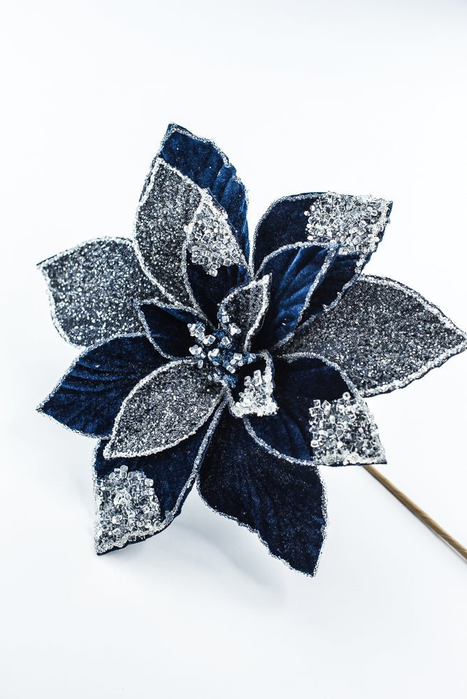 Artificial Midnight Blue Frosted Poinsettia Stem - 20" - Greenery MarketArtificial Flowers277644
