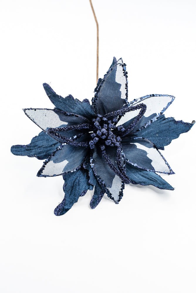 Artificial, Midnight Blue, Velvet Sheer Glitter Poinsettia Stem - 22" - Greenery MarketArtificial Flowers128608