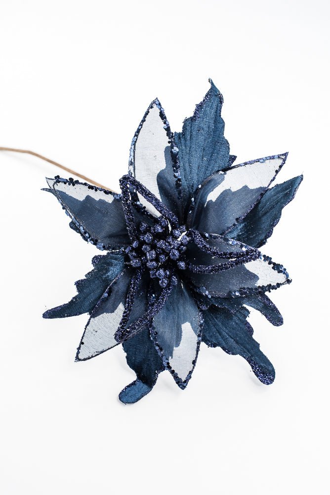 Artificial, Midnight Blue, Velvet Sheer Glitter Poinsettia Stem - 22" - Greenery MarketArtificial Flowers128608