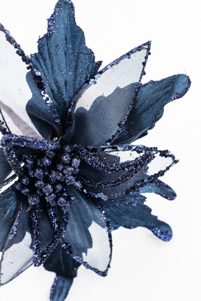 Artificial, Midnight Blue, Velvet Sheer Glitter Poinsettia Stem - 22" - Greenery MarketArtificial Flowers128608
