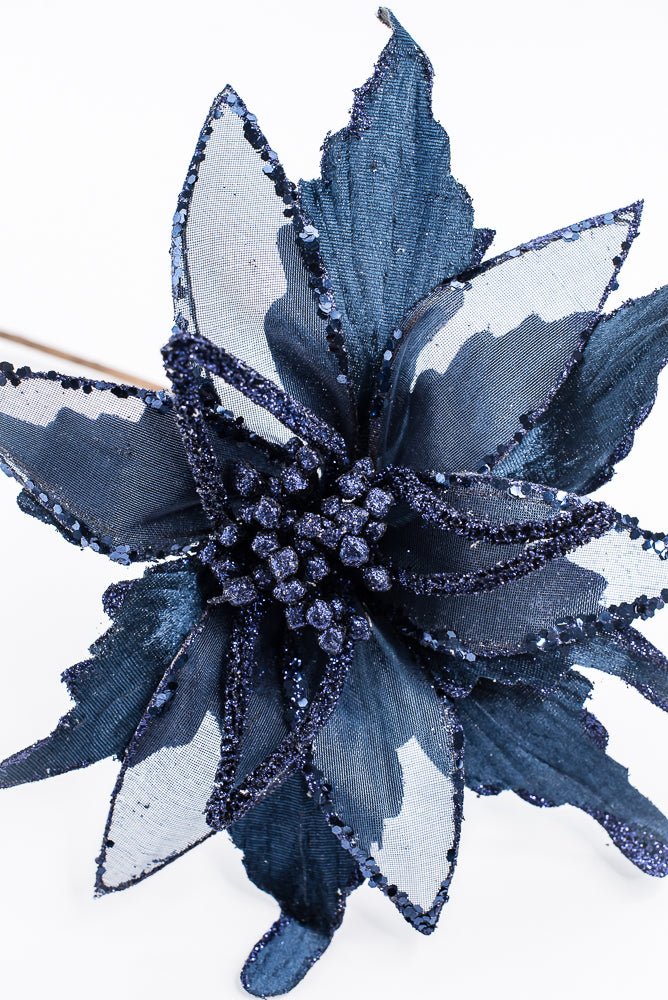 Artificial, Midnight Blue, Velvet Sheer Glitter Poinsettia Stem - 22" - Greenery MarketArtificial Flowers128608