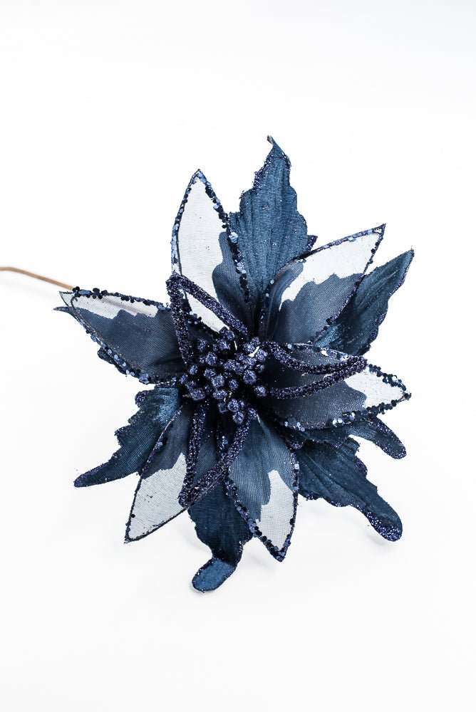Artificial, Midnight Blue, Velvet Sheer Glitter Poinsettia Stem - 22" - Greenery MarketArtificial Flowers128608