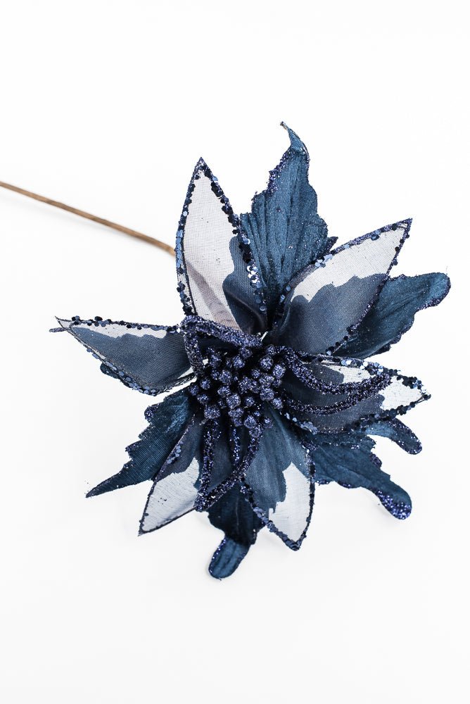Artificial, Midnight Blue, Velvet Sheer Glitter Poinsettia Stem - 22" - Greenery MarketArtificial Flowers128608