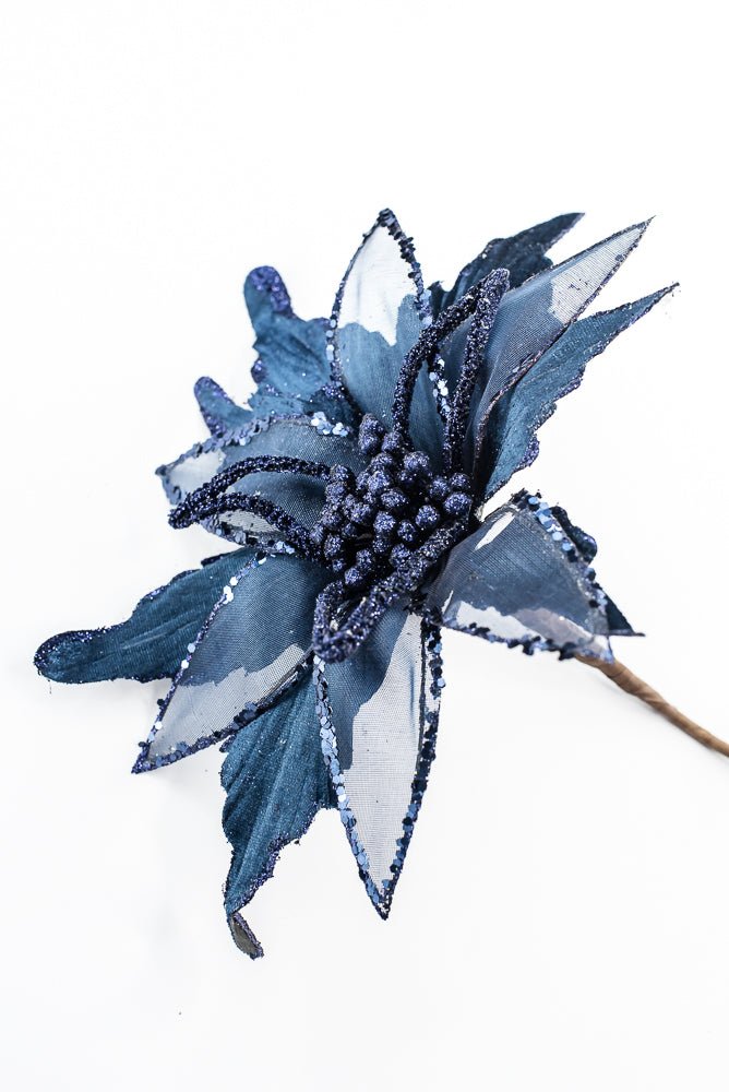 Artificial, Midnight Blue, Velvet Sheer Glitter Poinsettia Stem - 22" - Greenery MarketArtificial Flowers128608