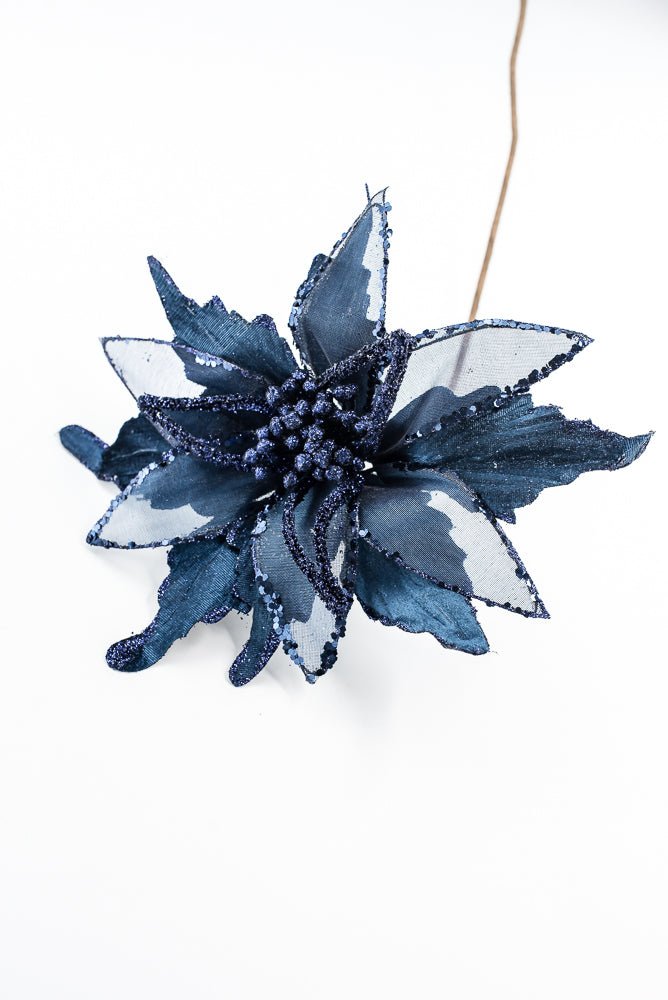 Artificial, Midnight Blue, Velvet Sheer Glitter Poinsettia Stem - 22" - Greenery MarketArtificial Flowers128608
