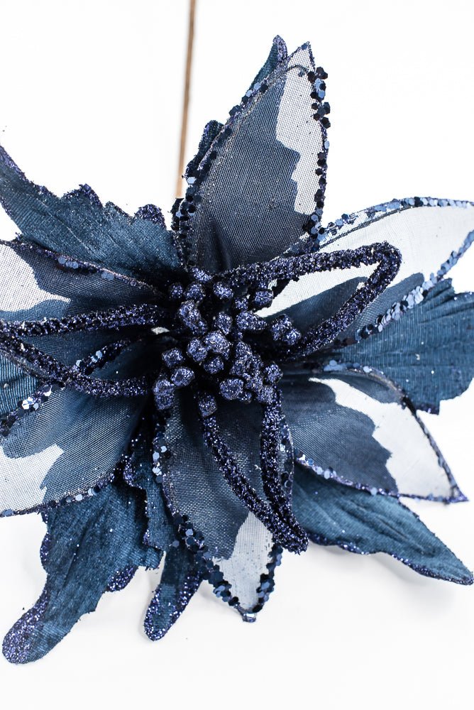 Artificial, Midnight Blue, Velvet Sheer Glitter Poinsettia Stem - 22" - Greenery MarketArtificial Flowers128608