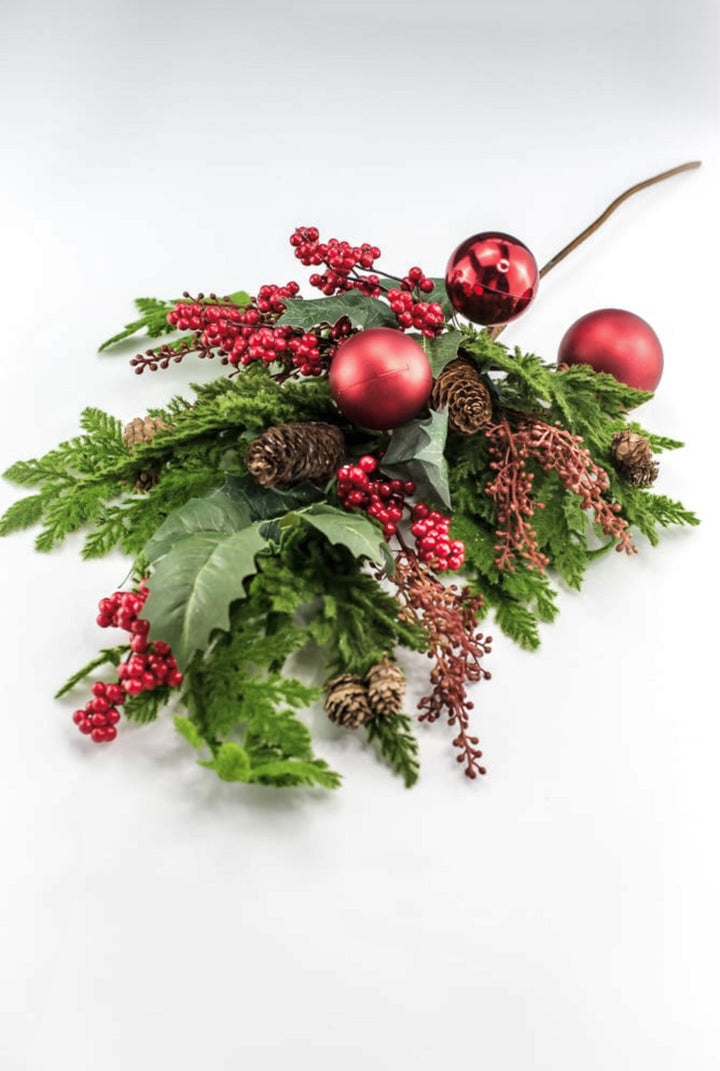 Artificial, mixed cedar and red ornament spray - Greenery MarketXP2446