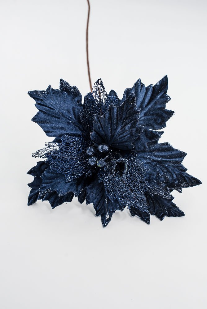 Artificial Navy Velvet Glitter Poinsettia Stem - 20" - Greenery MarketArtificial Flowers253268