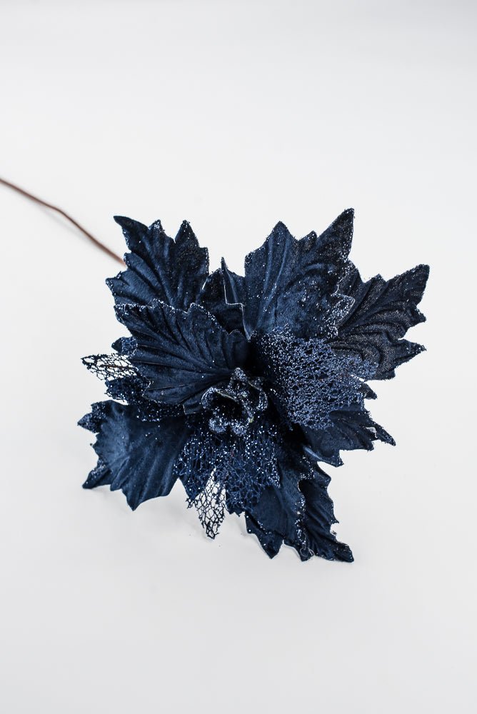 Artificial Navy Velvet Glitter Poinsettia Stem - 20" - Greenery MarketArtificial Flowers253268