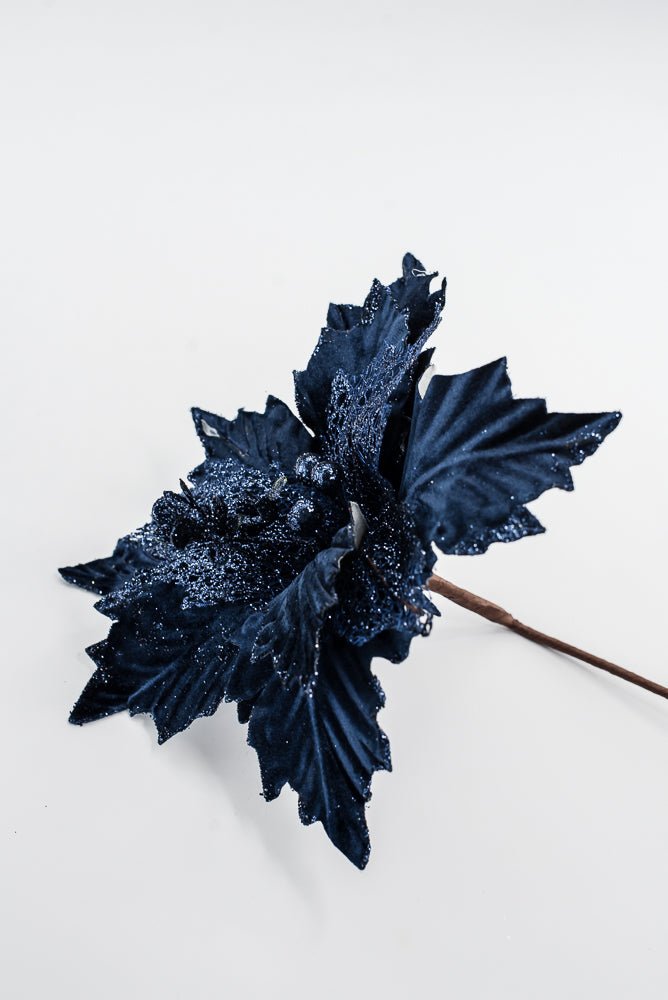 Artificial Navy Velvet Glitter Poinsettia Stem - 20" - Greenery MarketArtificial Flowers253268