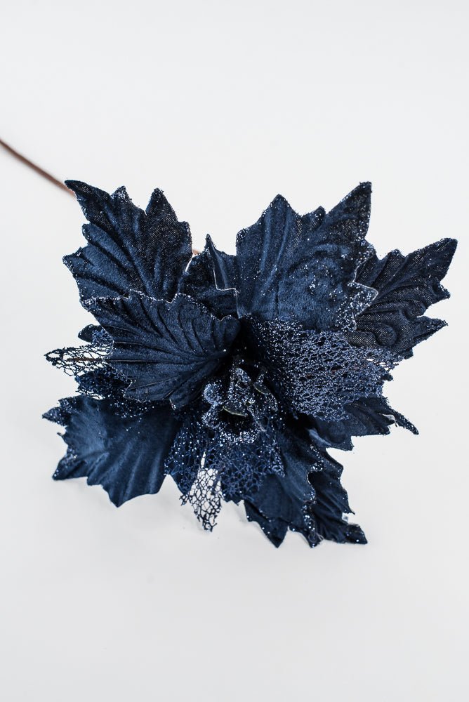 Artificial Navy Velvet Glitter Poinsettia Stem - 20" - Greenery MarketArtificial Flowers253268
