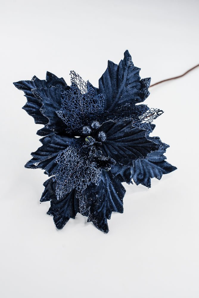 Artificial Navy Velvet Glitter Poinsettia Stem - 20" - Greenery MarketArtificial Flowers253268