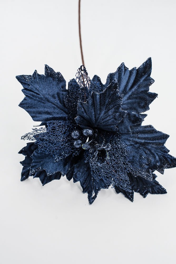 Artificial Navy Velvet Glitter Poinsettia Stem - 20" - Greenery MarketArtificial Flowers253268