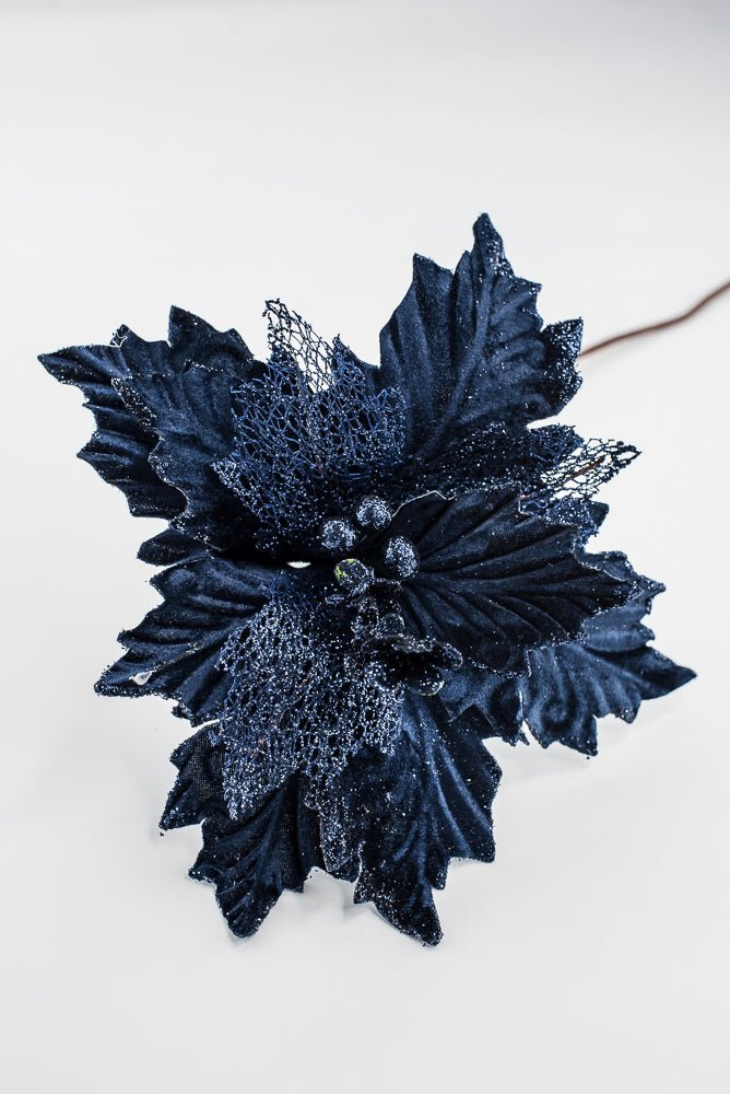 Artificial Navy Velvet Glitter Poinsettia Stem - 20" - Greenery MarketArtificial Flowers253268