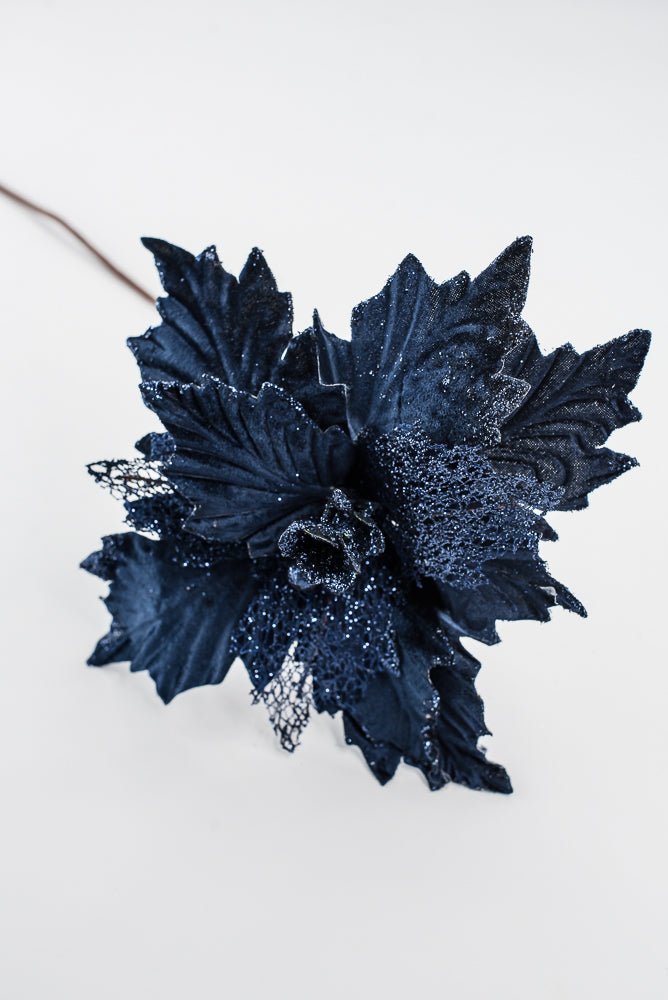 Artificial Navy Velvet Glitter Poinsettia Stem - 20" - Greenery MarketArtificial Flowers253268