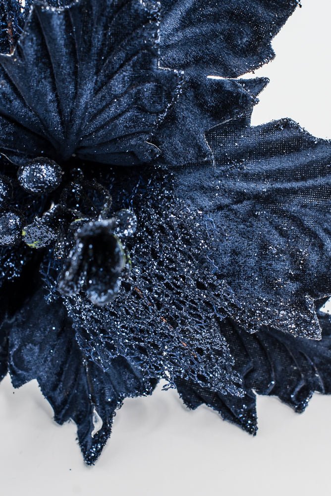 Artificial Navy Velvet Glitter Poinsettia Stem - 20" - Greenery MarketArtificial Flowers253268