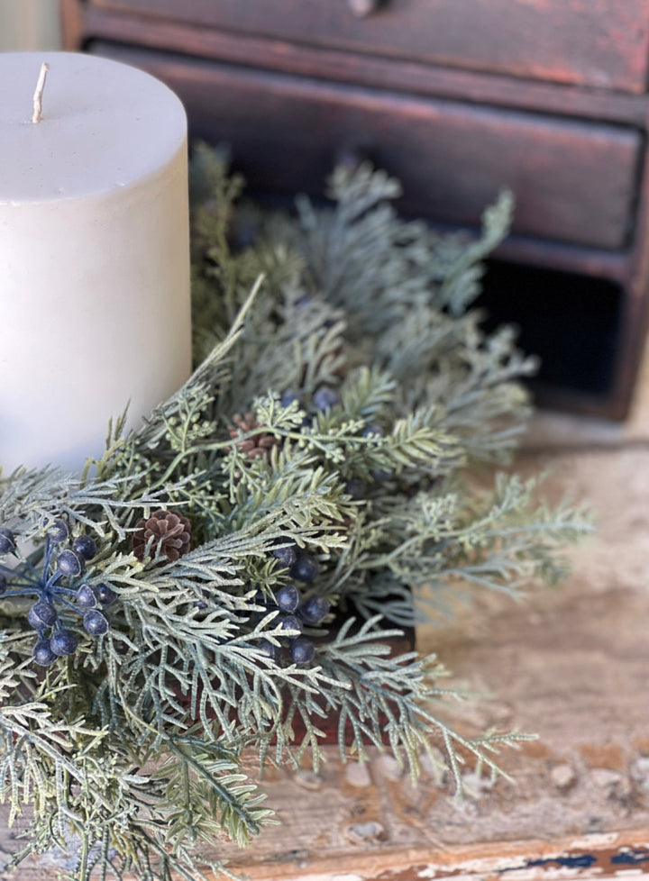 Artificial pine, twigs, and cedar mini wreath candle ring - Greenery MarketgreeneryXG7843