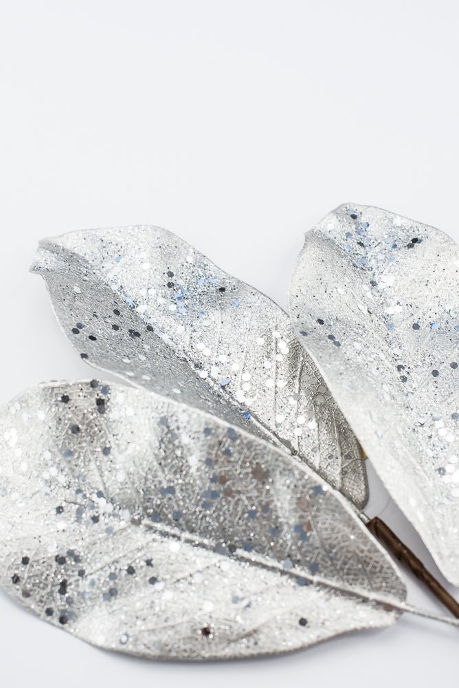 Artificial Platinum Glitter Metallic Magnolia Leaves Pick - 15" - Greenery MarketArtificial Flowers276605