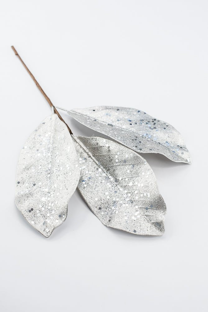 Artificial Platinum Glitter Metallic Magnolia Leaves Pick - 15" - Greenery MarketArtificial Flowers276605