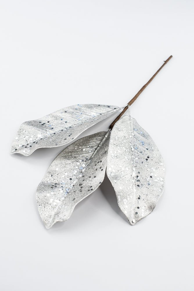 Artificial Platinum Glitter Metallic Magnolia Leaves Pick - 15" - Greenery MarketArtificial Flowers276605
