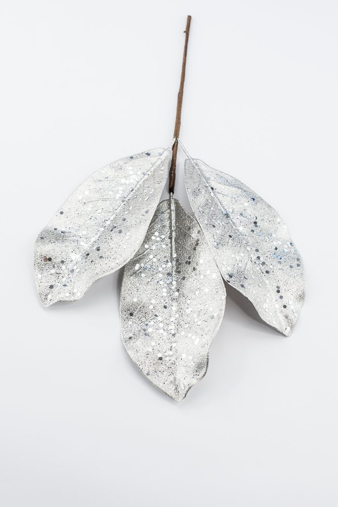 Artificial Platinum Glitter Metallic Magnolia Leaves Pick - 15" - Greenery MarketArtificial Flowers276605