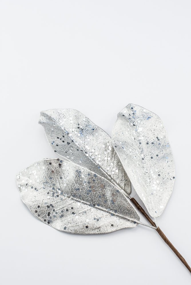 Artificial Platinum Glitter Metallic Magnolia Leaves Pick - 15" - Greenery MarketArtificial Flowers276605