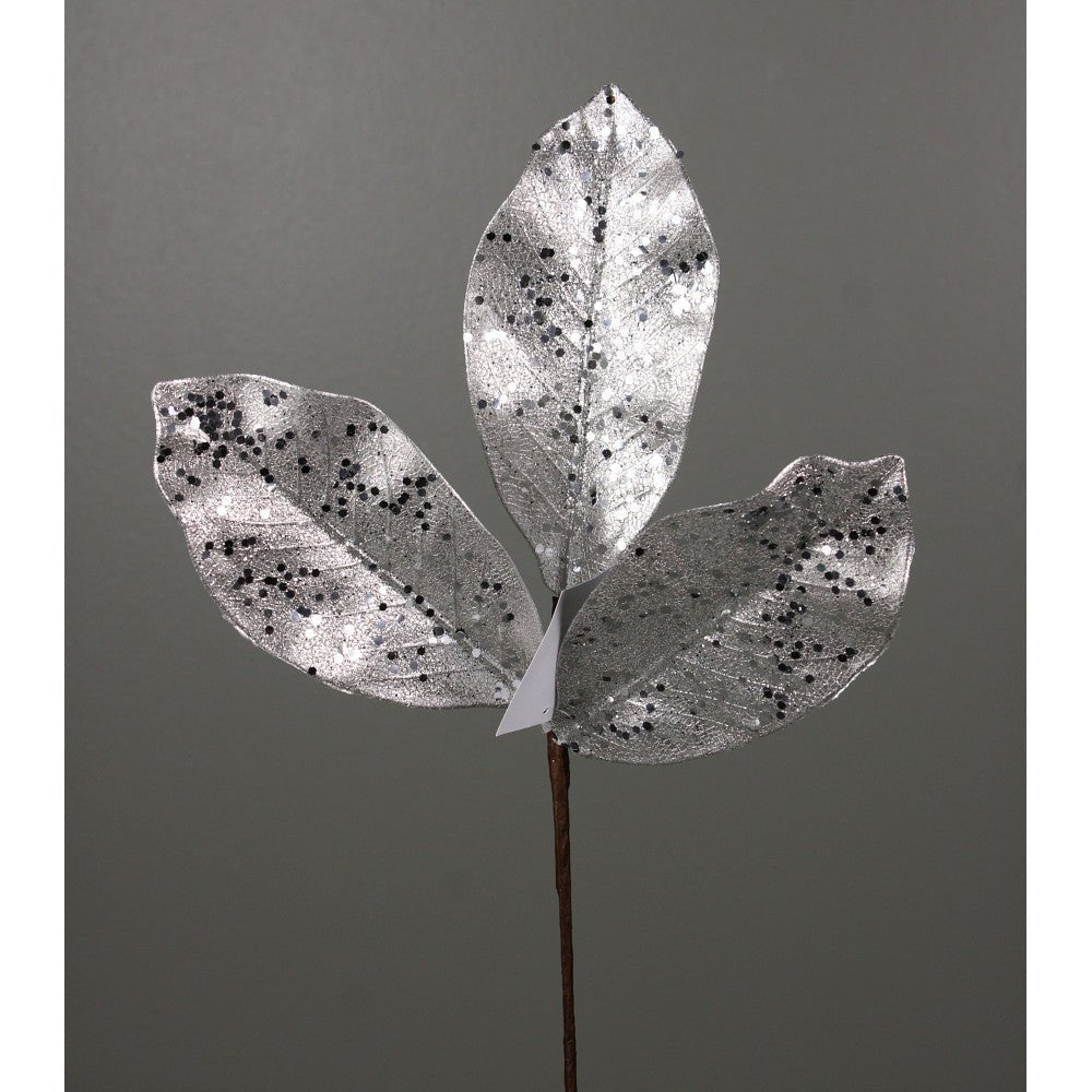 Artificial Platinum Glitter Metallic Magnolia Leaves Pick - 15" - Greenery MarketArtificial Flowers276605
