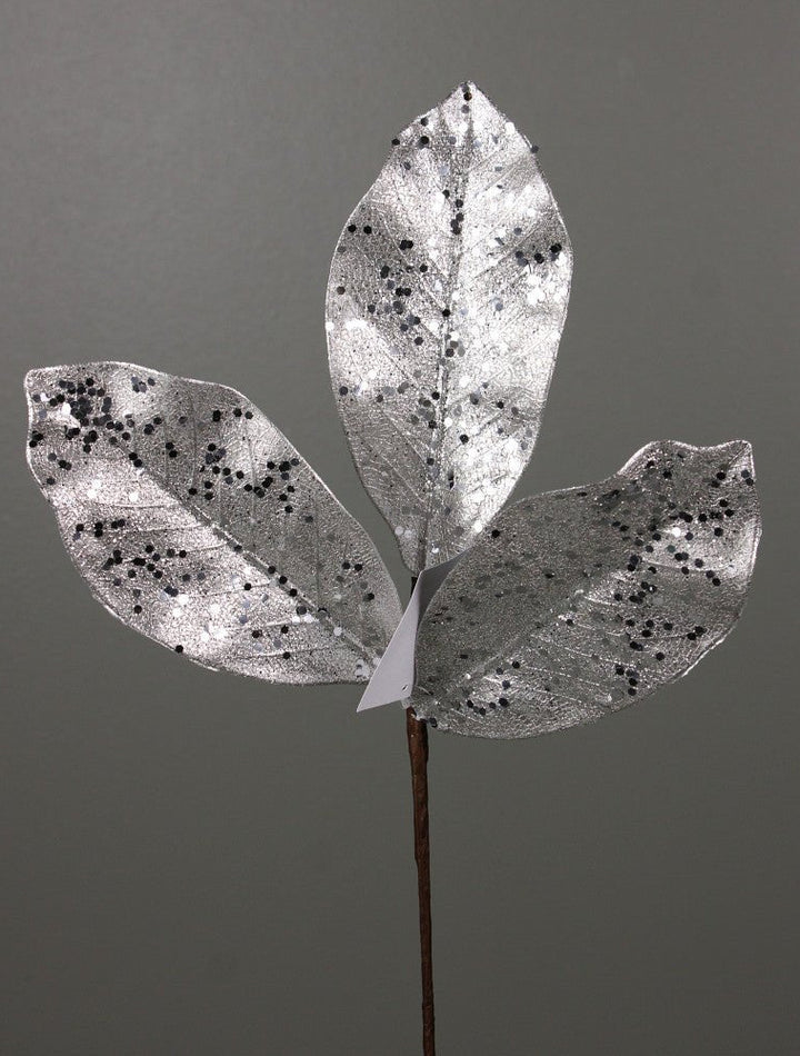 Artificial Platinum Glitter Metallic Magnolia Leaves Pick - 15" - Greenery MarketArtificial Flowers276605